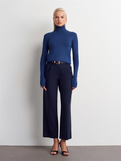 Wholesale Womens Indigo Turtleneck Knit Sweater with Snap-Button Wide Cuffs