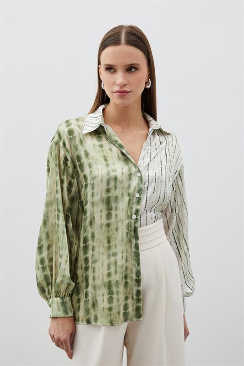 Wholesale Womens Khaki Balloon-Sleeve Patterned Shirt