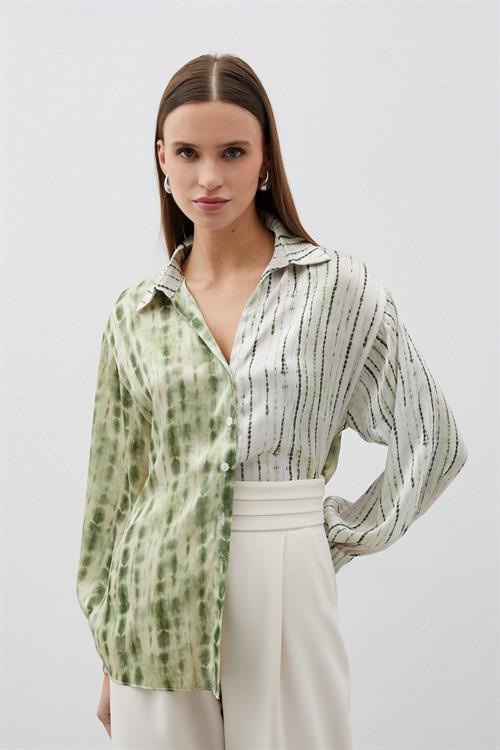 Wholesale Womens Khaki Balloon-Sleeve Patterned Shirt