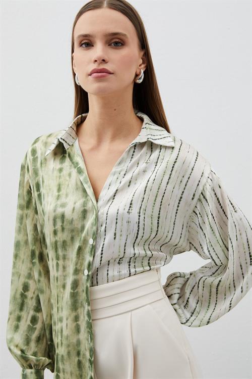 Wholesale Womens Khaki Balloon-Sleeve Patterned Shirt