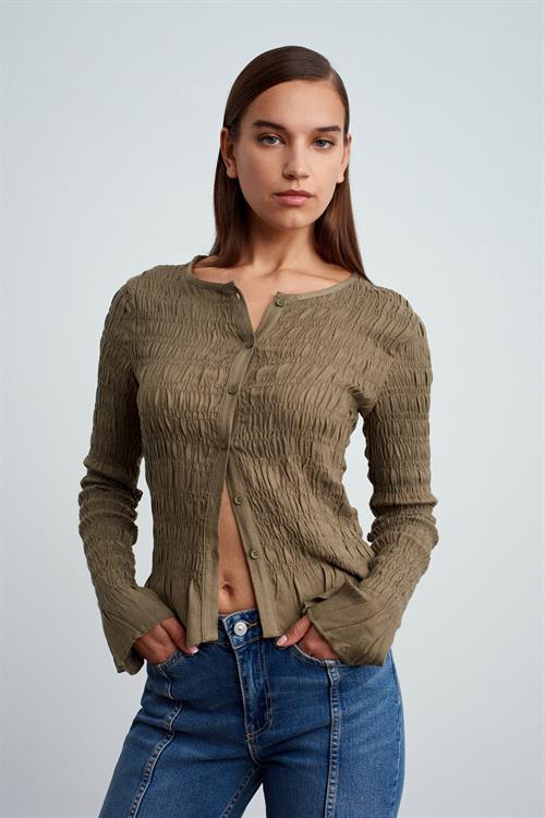 Wholesale Womens Khaki Buttoned Shirred Knit Top