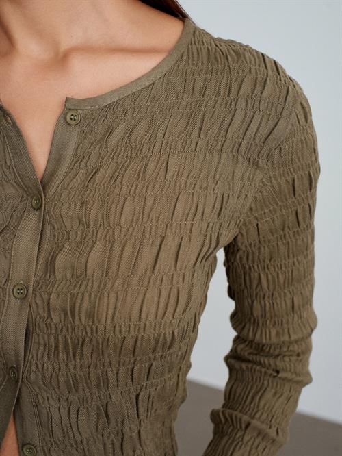Wholesale Womens Khaki Buttoned Shirred Knit Top