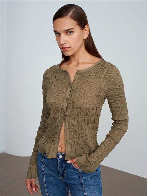 Wholesale Womens Khaki Buttoned Shirred Knit Top