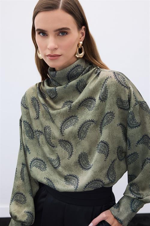 Wholesale Womens Khaki Cowl-Neck Patterned Blouse