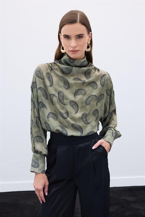 Wholesale Womens Khaki Cowl-Neck Patterned Blouse
