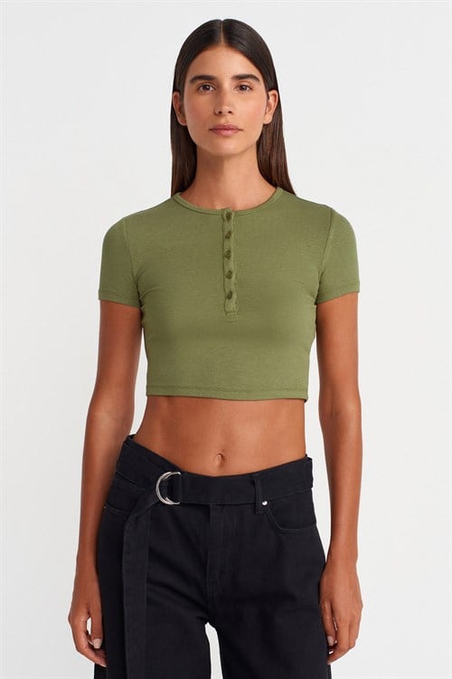 Wholesale Womens Khaki Crop T-Shirt with Button-Up Half Placket