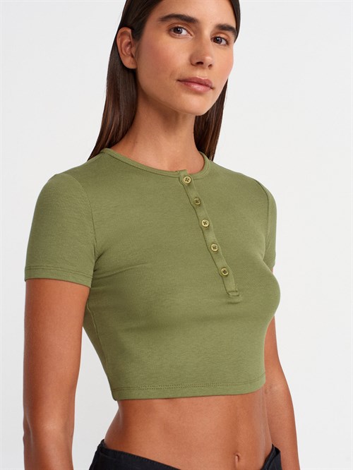 Wholesale Womens Khaki Crop T-Shirt with Button-Up Half Placket