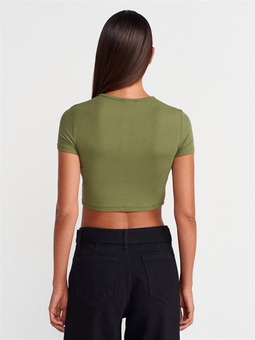 Wholesale Womens Khaki Crop T-Shirt with Button-Up Half Placket
