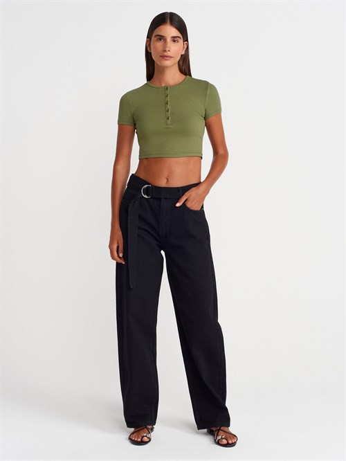 Wholesale Womens Khaki Crop T-Shirt with Button-Up Half Placket