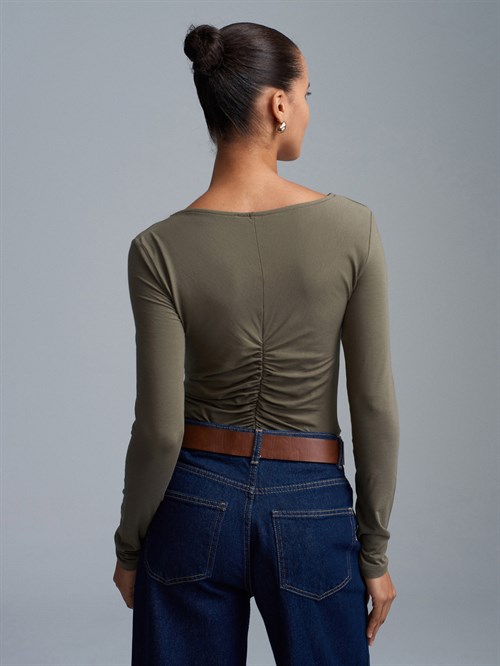 Wholesale Womens Khaki Gathered Boat-Neck Top