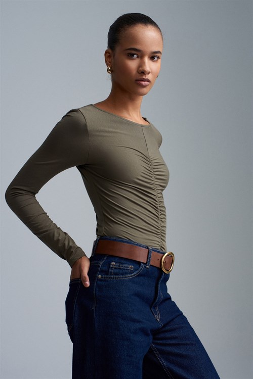 Wholesale Womens Khaki Gathered Boat-Neck Top
