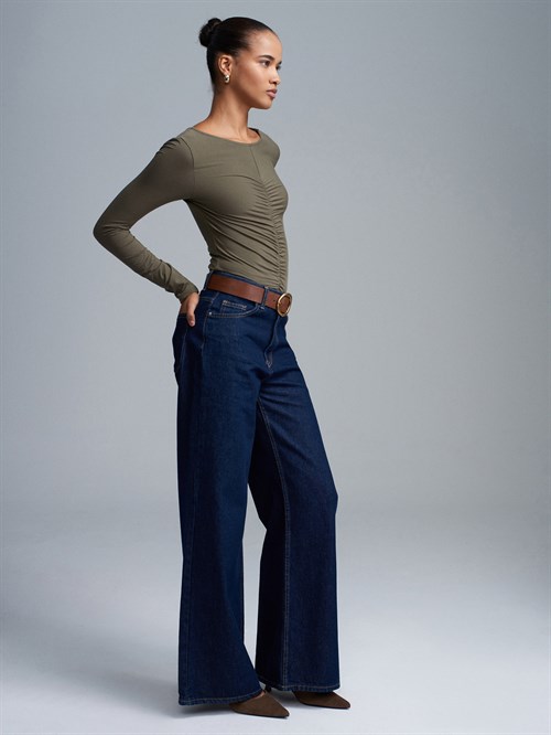 Wholesale Womens Khaki Gathered Boat-Neck Top