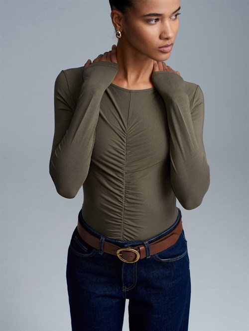 Wholesale Womens Khaki Gathered Boat-Neck Top