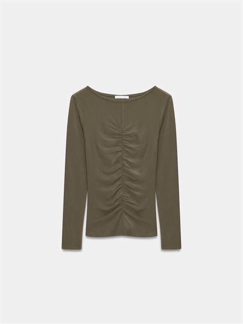 Wholesale Womens Khaki Gathered Boat-Neck Top