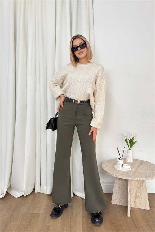 Wholesale Womens Khaki High-Waisted Flared Trousers