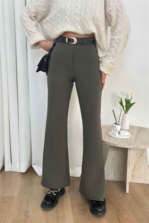 Wholesale Womens Khaki High-Waisted Flared Trousers