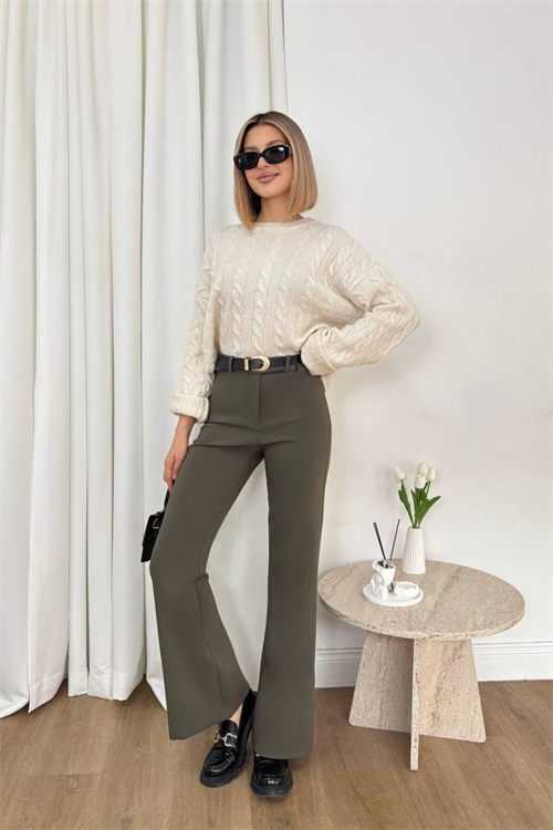 Wholesale Womens Khaki High-Waisted Flared Trousers