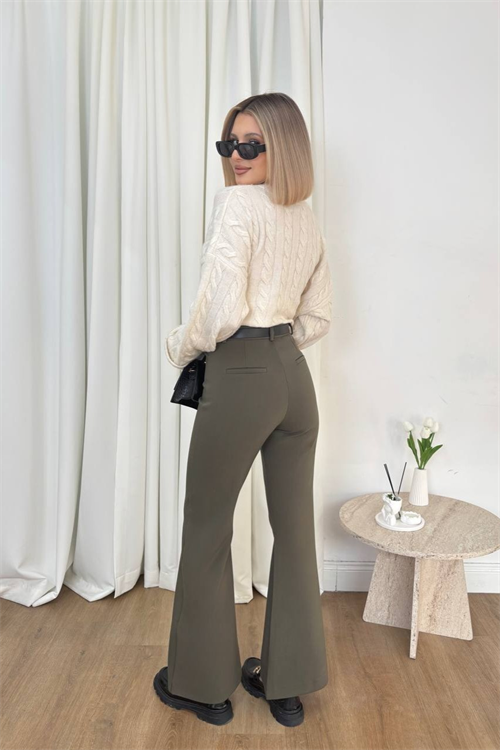 Wholesale Womens Khaki High-Waisted Flared Trousers