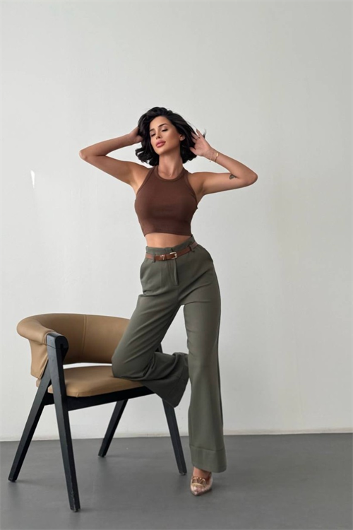 Wholesale Womens Khaki High-Waisted Wide-Leg Trousers
