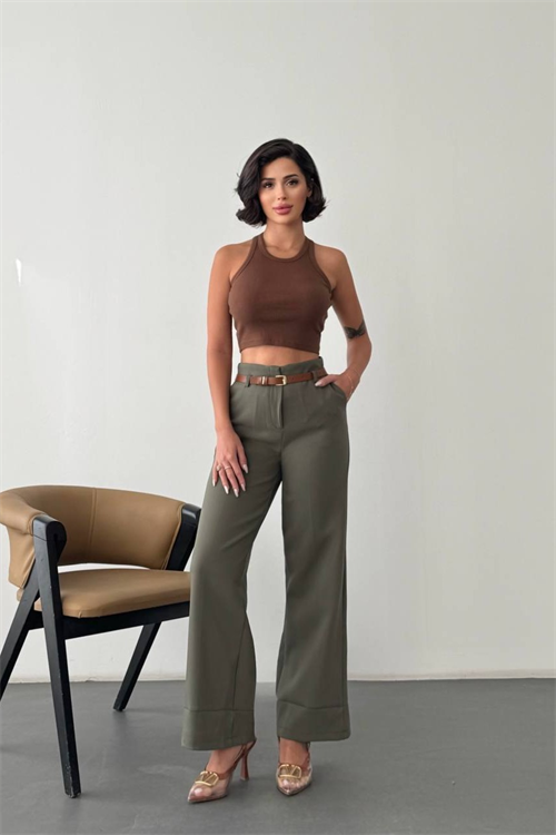 Wholesale Womens Khaki High-Waisted Wide-Leg Trousers
