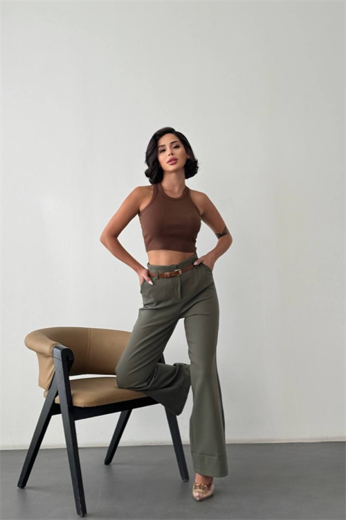 Wholesale Womens Khaki High-Waisted Wide-Leg Trousers