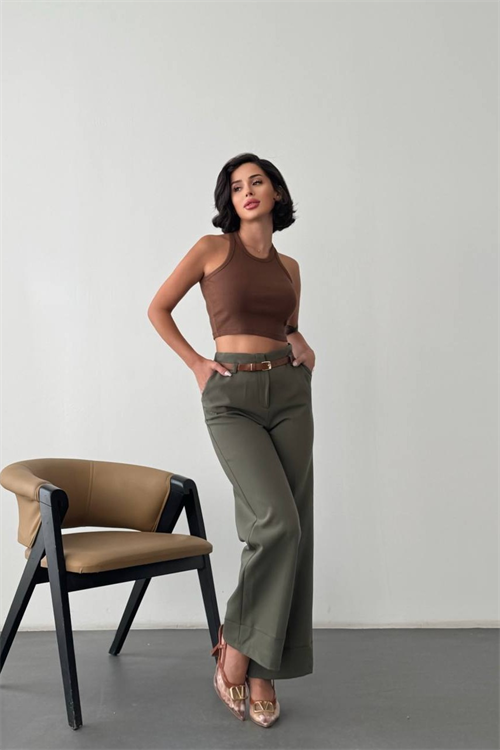 Wholesale Womens Khaki High-Waisted Wide-Leg Trousers