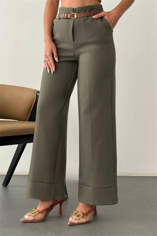 Wholesale Womens Khaki High-Waisted Wide-Leg Trousers