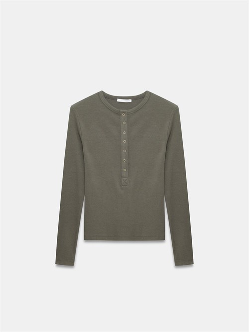 Wholesale Womens Khaki Long-Sleeve Top with Snap-Up Half Placket