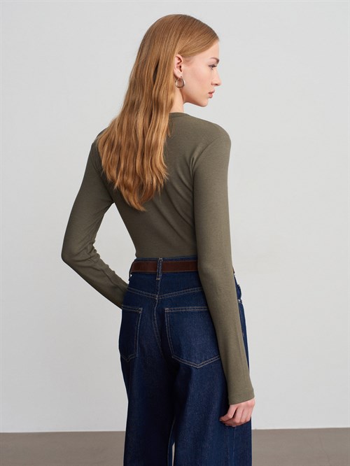 Wholesale Womens Khaki Long-Sleeve Top with Snap-Up Half Placket