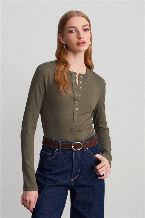 Wholesale Womens Khaki Long-Sleeve Top with Snap-Up Half Placket