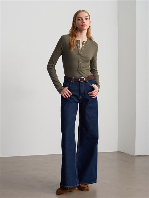Wholesale Womens Khaki Long-Sleeve Top with Snap-Up Half Placket