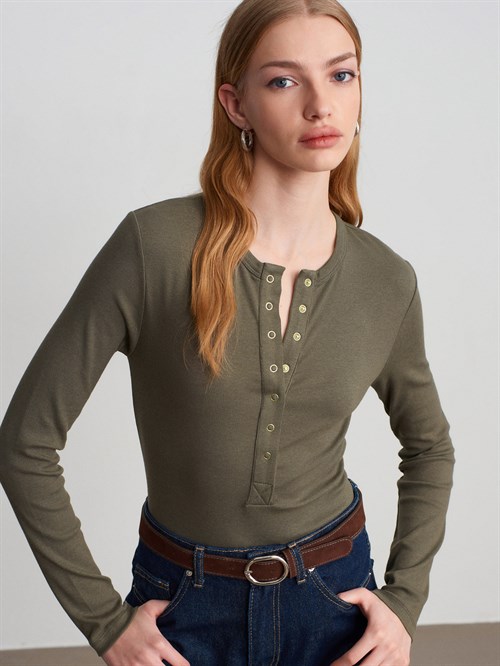 Wholesale Womens Khaki Long-Sleeve Top with Snap-Up Half Placket