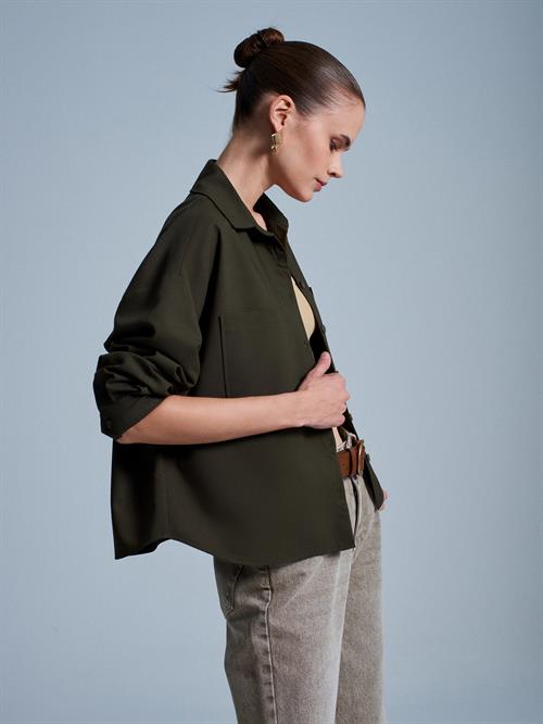 Wholesale Womens Khaki Oversized Shirt with Patch Pockets