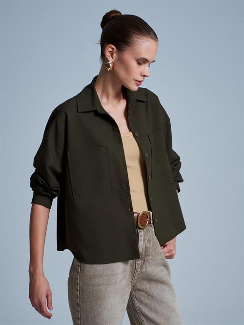 Wholesale Womens Khaki Oversized Shirt with Patch Pockets