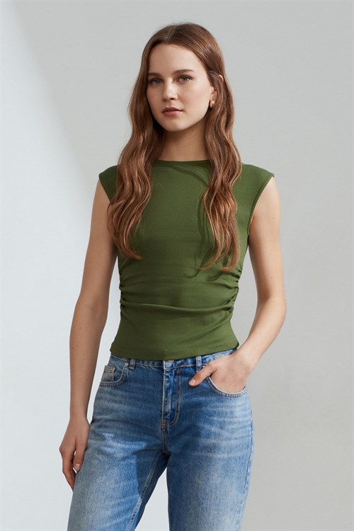 Wholesale Womens Khaki Side Gathered T-Shirt