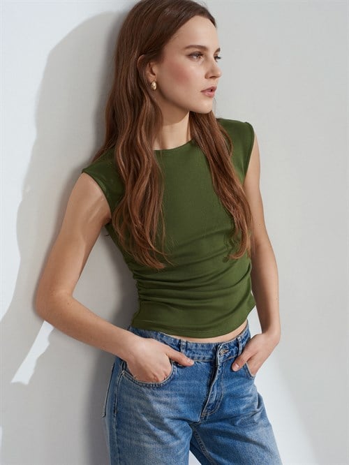 Wholesale Womens Khaki Side Gathered T-Shirt