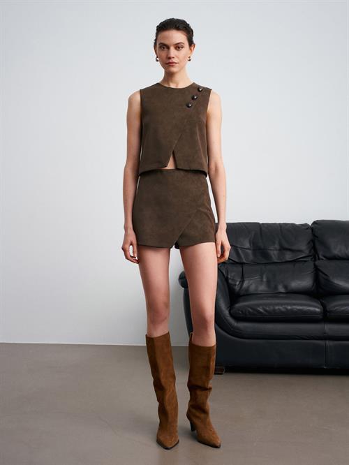 Wholesale Womens Khaki Sleeveless Asymmetrical Top