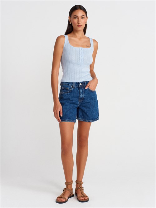 Wholesale Womens Light Blue Button-Front Square-Neck Top