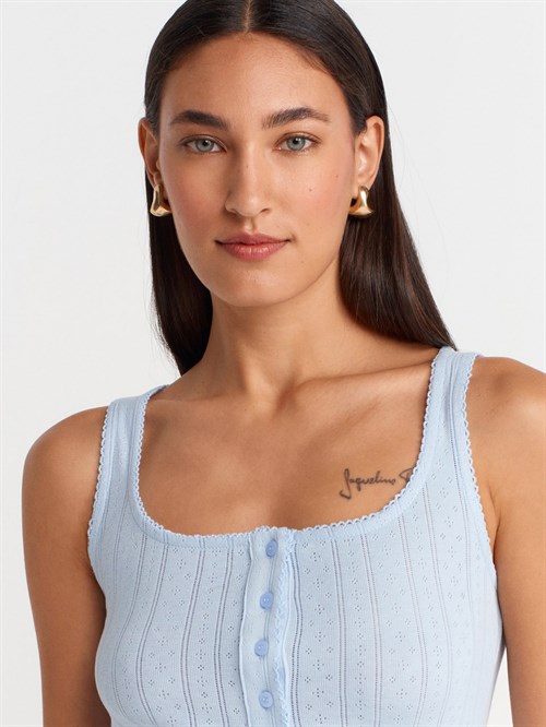 Wholesale Womens Light Blue Button-Front Square-Neck Top