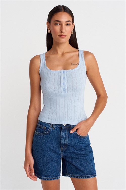 Wholesale Womens Light Blue Button-Front Square-Neck Top