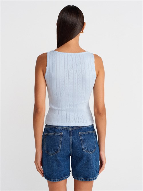 Wholesale Womens Light Blue Button-Front Square-Neck Top