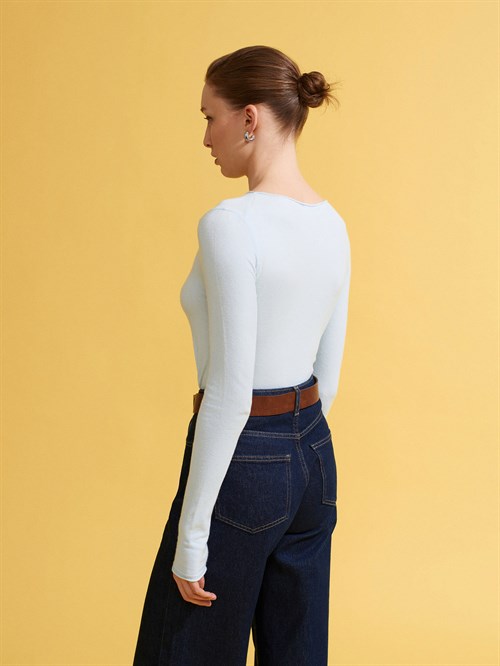 Wholesale Womens Light Blue Cashmere Lightweight Knit Boat-Neck Sweater