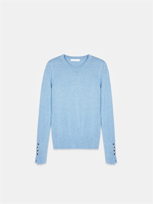 Wholesale Womens Light Blue Crew-Neck Knit Blouse with Snap-Button Wide Cuffs