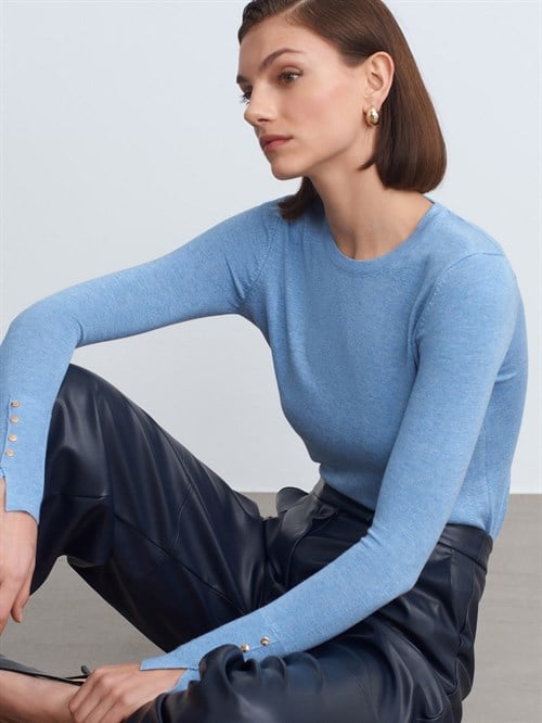 Wholesale Womens Light Blue Crew-Neck Knit Blouse with Snap-Button Wide Cuffs