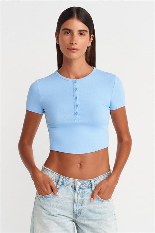 Wholesale Womens Light Blue Crop T-Shirt with Button-Up Half Placket