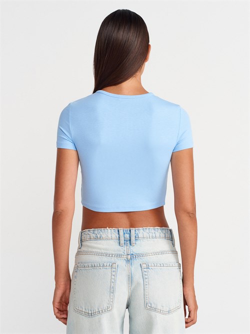 Wholesale Womens Light Blue Crop T-Shirt with Button-Up Half Placket