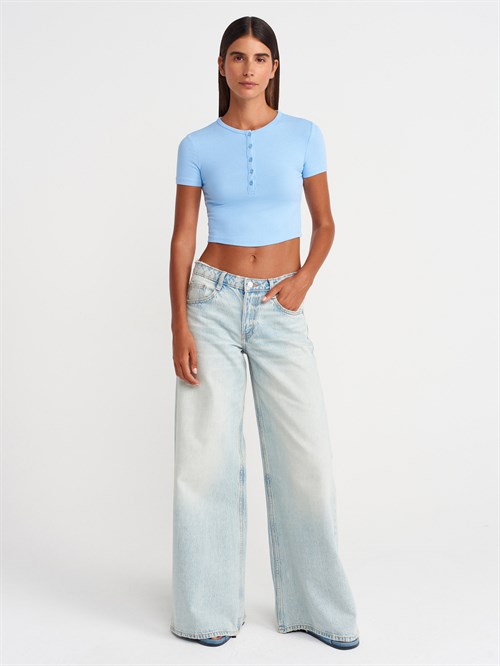Wholesale Womens Light Blue Crop T-Shirt with Button-Up Half Placket