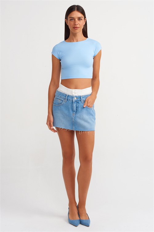 Wholesale Womens Light Blue Modal-Cotton Cropped T-Shirt