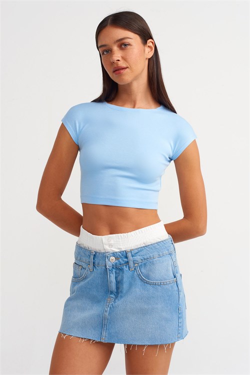 Wholesale Womens Light Blue Modal-Cotton Cropped T-Shirt