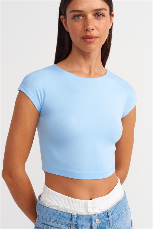 Wholesale Womens Light Blue Modal-Cotton Cropped T-Shirt